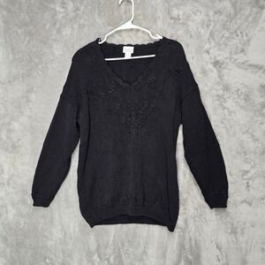 Moda Intl Black Floral Embroidered V Neck‎ Knit Sweater Womens M Casual Cozy
